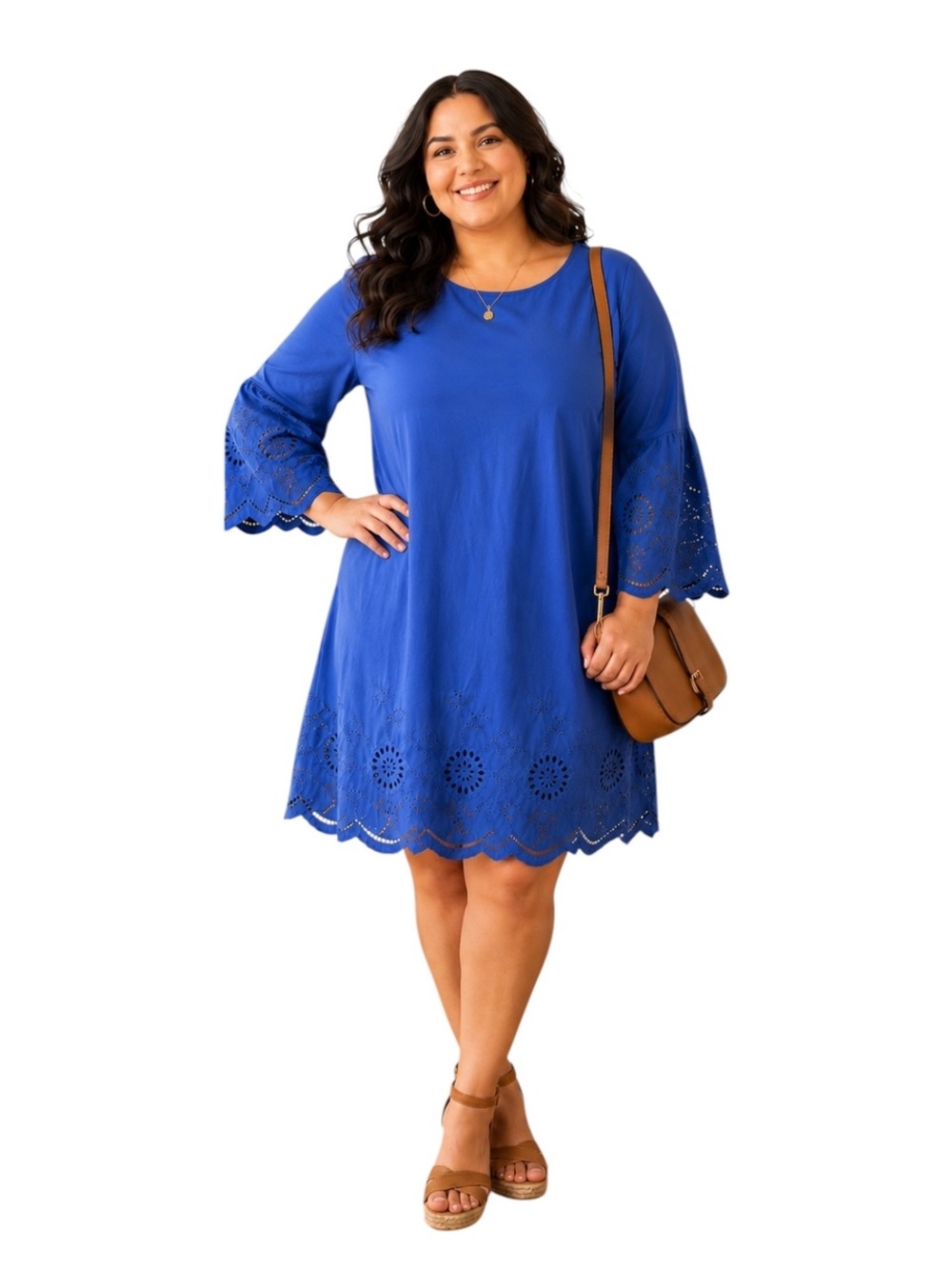 Talbots Eyelet Shift Dress Plus Size 16W Royal Blue Cotton Bell Sleeve Coastal